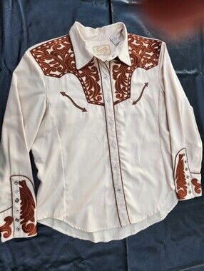 Scully Women’s XXL Cream Brown Embroidered Western Pearl Snap Shirt